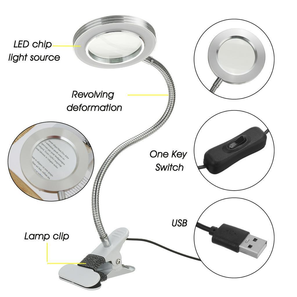 7W USB Reading Table Light 8X Magnifier Glass LED Desk Lamp Eye Protection Tooth Beauty Makeup Tattoo Light Clip-on Bendable