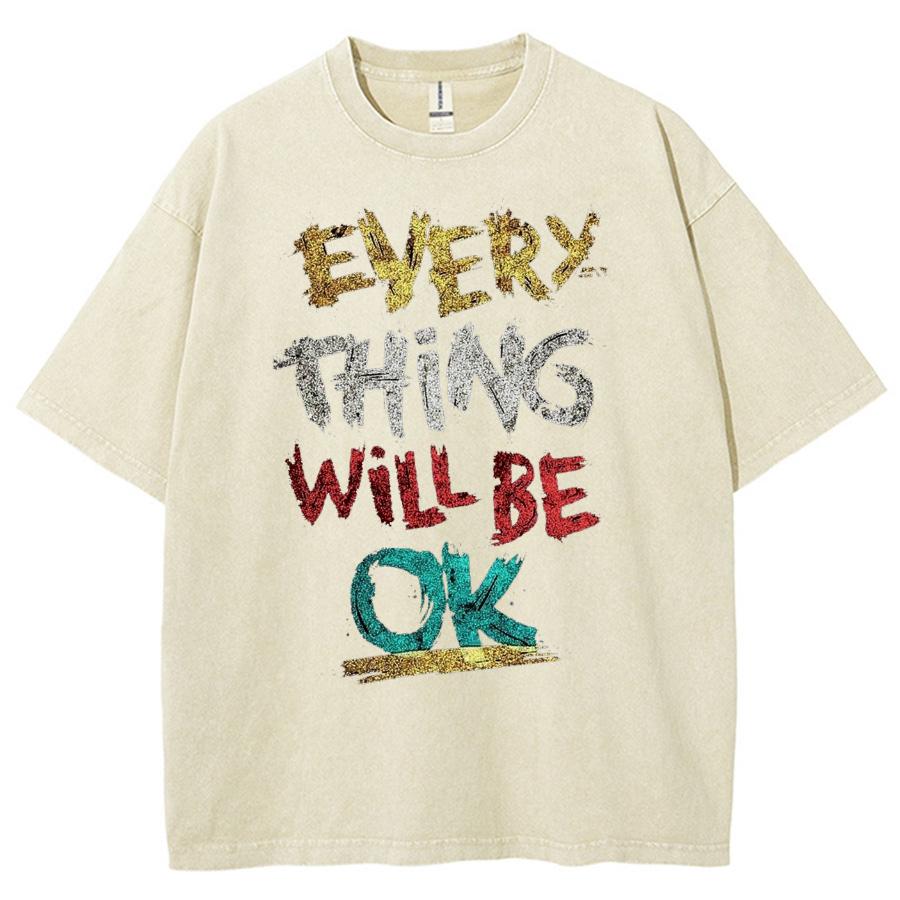 Every Thing Will Be Ok Monogram Print Wash Women Wash T-Shirt Imitation Denim Oversized Short Sleeve Everyday Design Top