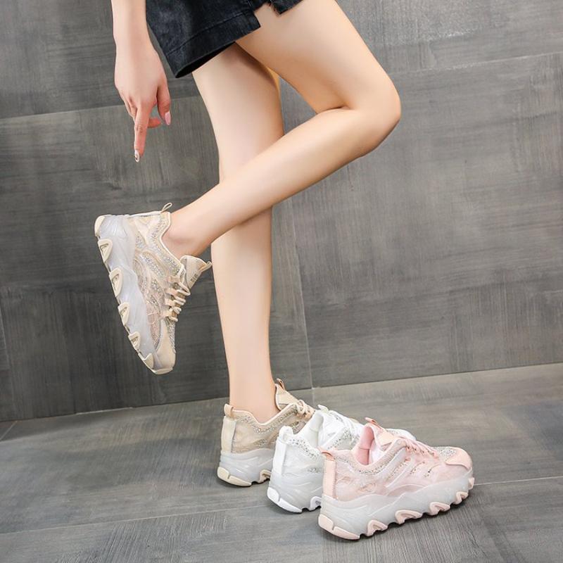 Summer 2025 Woman Sneakers Mesh Rhinestone Shoe Breathable Casual Platform Shoes Female Vulcanize Shoes Sports Wedges Shoes