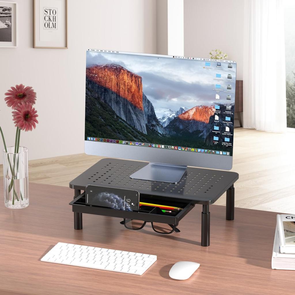 Monitorständer, Schreibtischständer mit Schublade, PC-Ständer, Schreibtischauflage, Displayständer, Höhenverstellbar, Rutschfeste Matte, Computerständer, Haltungsverbesserer,