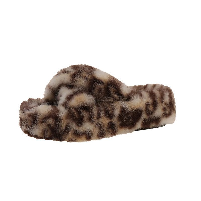 Leopard Print Thick Bottom Heightening Fluffy Slippers Women's Wear 2025 New Autumn and Winter Fashion Home Fluffy Cotton Slippers