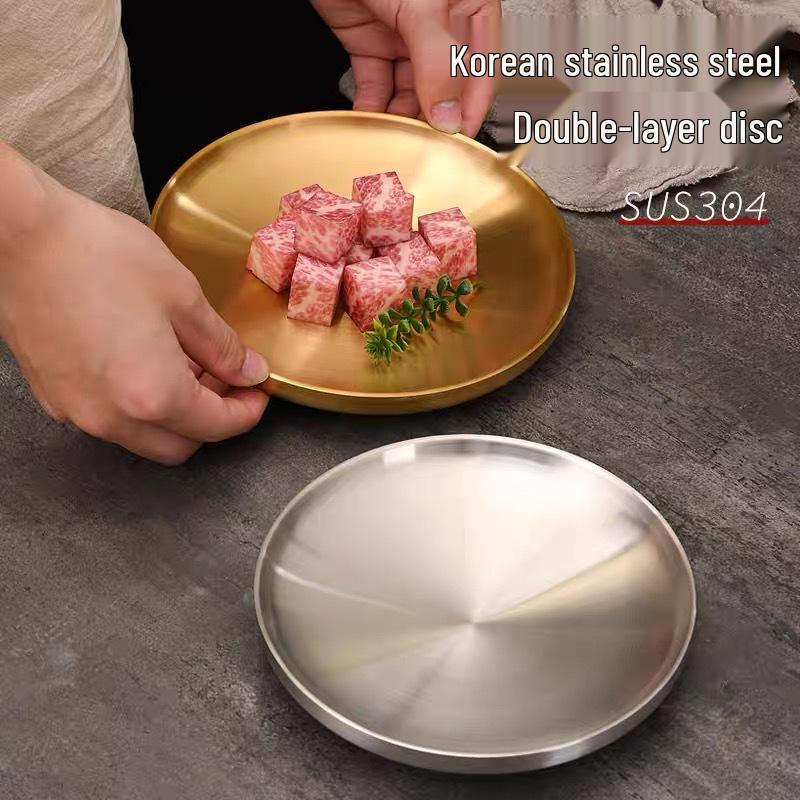 304 Stainless Steel Double-Layer Round Gold Plate for BBQ, Fruits, and Cakes