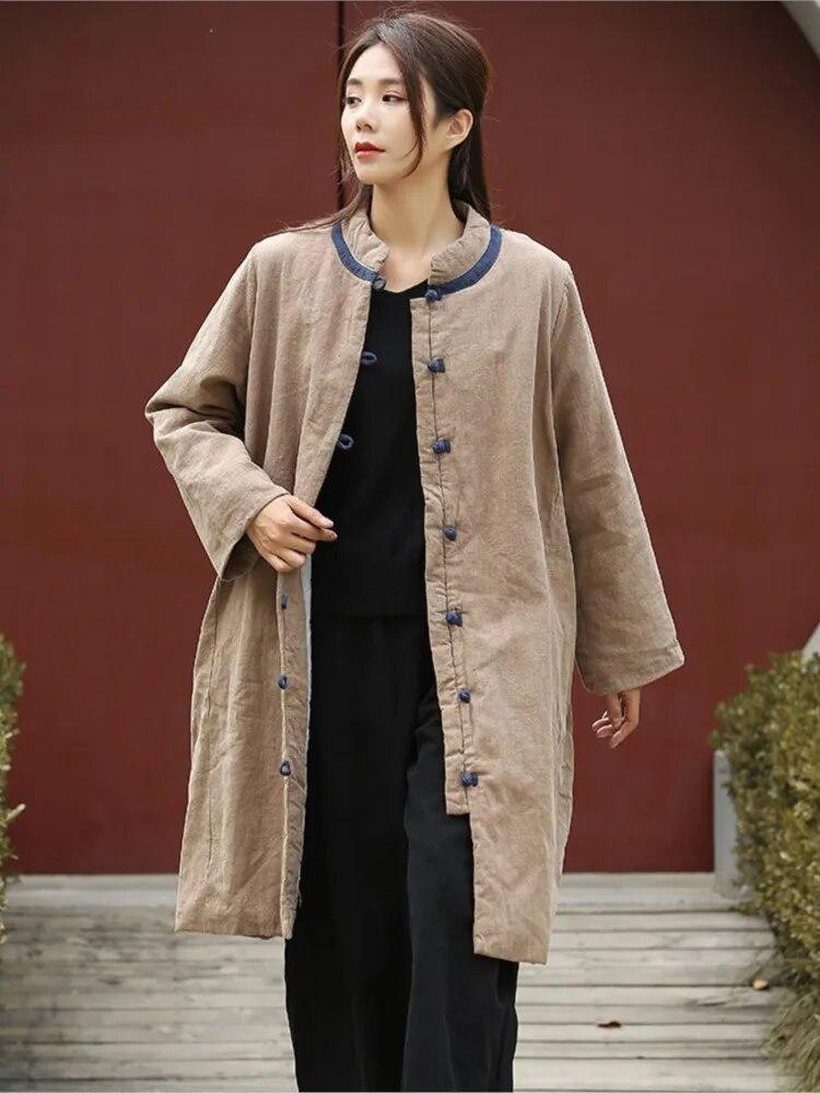 

Johnature женские винтажные парки Ramie со стойкой и длинными рукавами на пуговицах в китайском стиле зимние пальто свободные женские теплые парки One Size хаки