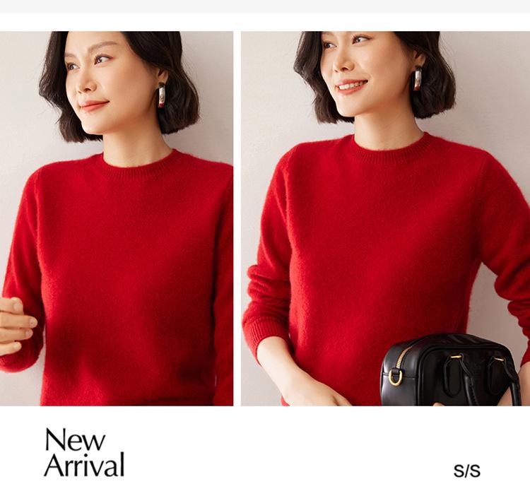 Women's Solid Color Cashmere Knit Sweater: Round Neck, Long Sleeve, Double-Ply Base Layer for Autumn & Winter.