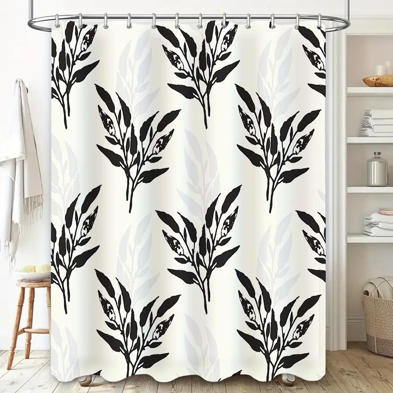 White Bath Mat Black And White Floral Pattern Shower Curtain Polyester Waterproof Home Decor