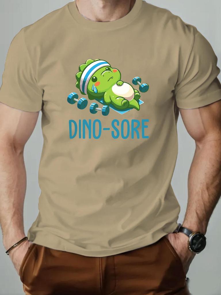 Men's Short Sleeve T-Shirt Cute Dino Sore Cartoon Dinosaur Fitness Graphic Print Weightlifting Theme Casual Streetwear Top