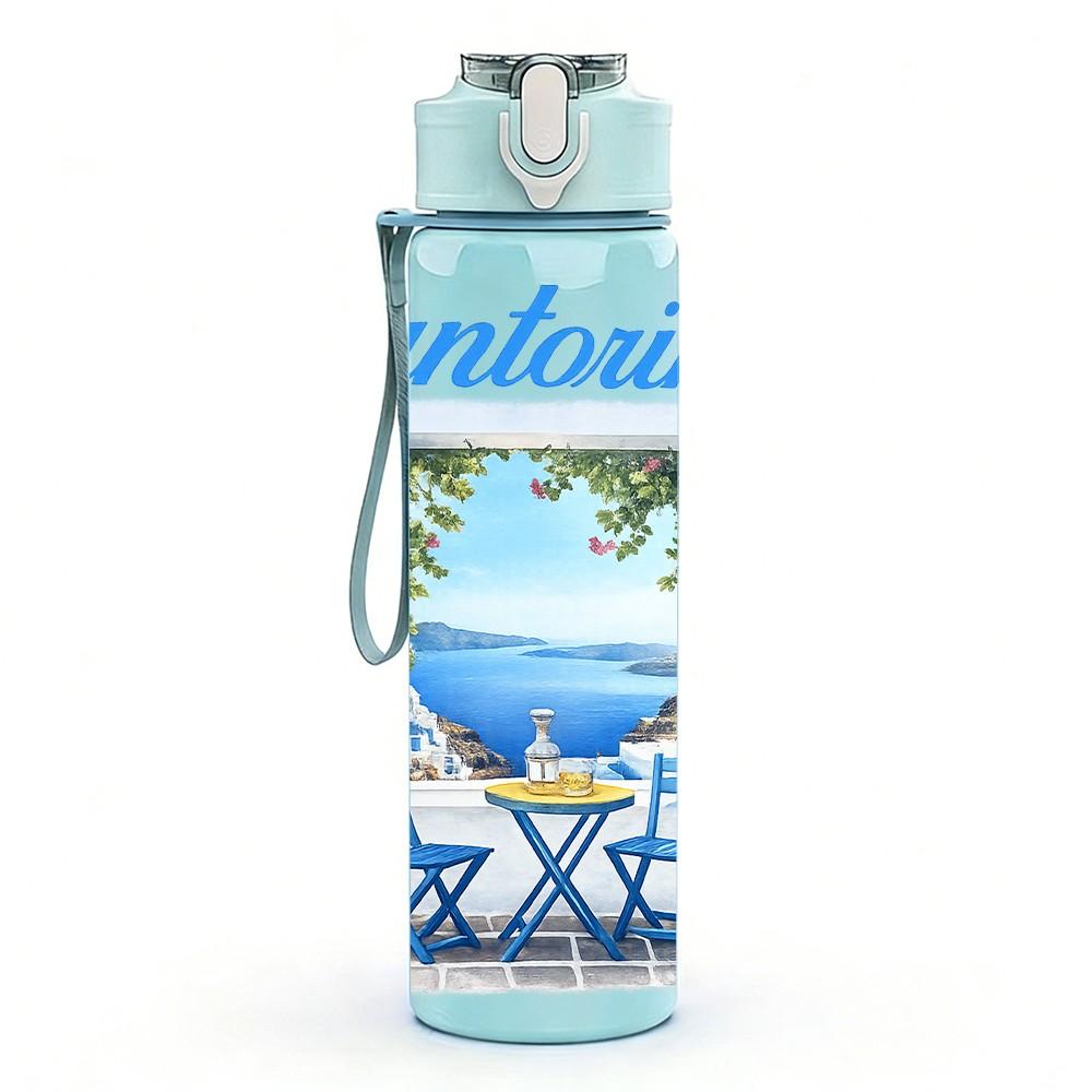 1PC Santorini Mediterranean House Pattern 750ml Color Plastic Sports Water Bottle Leakproof Flip Straw Lid Suitable for Sports Office Home Use