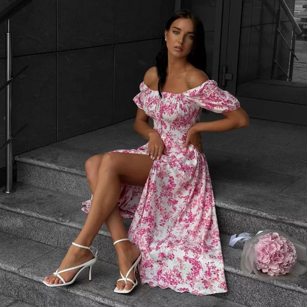 Off-the-shoulder floral dress, European and American summer new short-sleeved lace-up dress, printed split-ended dress