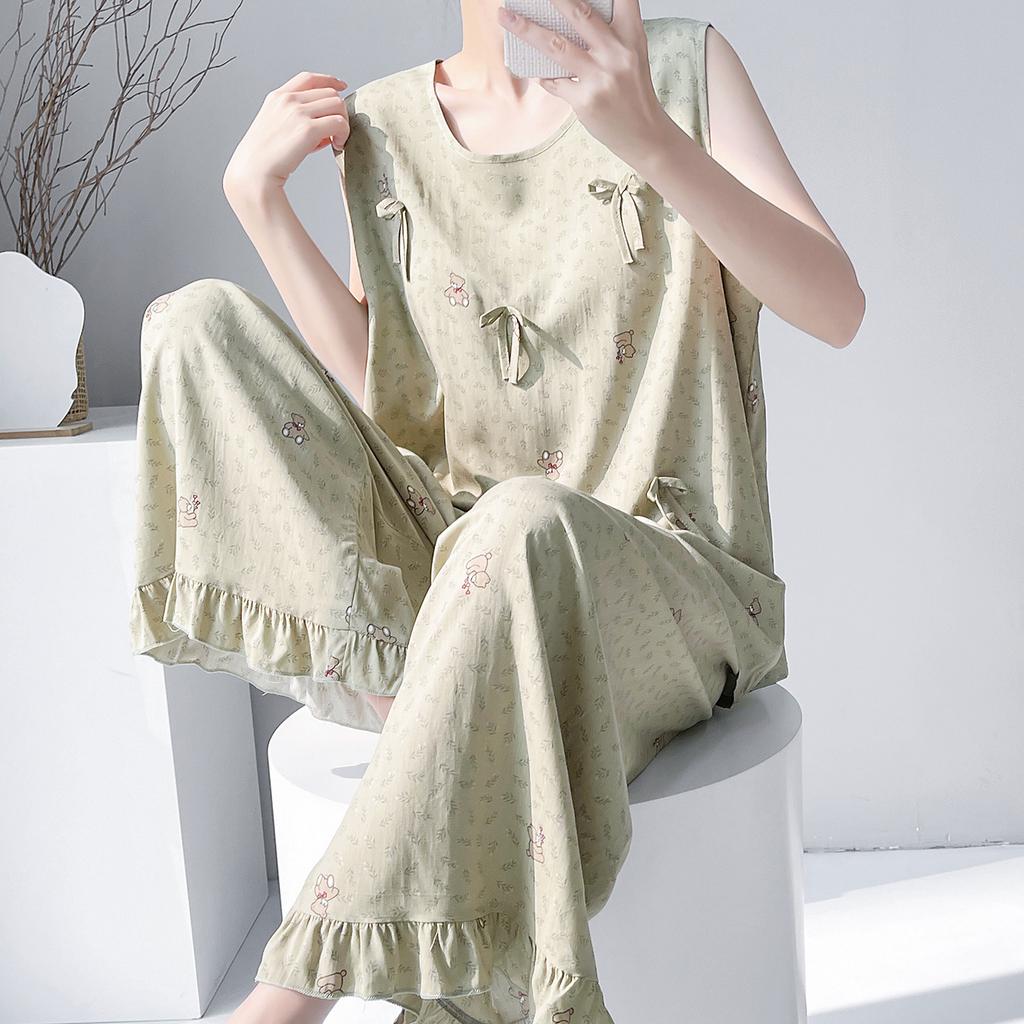 1011 new pajamas with chest pads women's summer sleeveless printing high-end loungewear anti-bumping cotton and silk suit thin