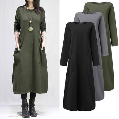 Damenmode Herbst Winter Lose Langarm Große Größe Fleece Lässige Einfarbige Lose Kleid