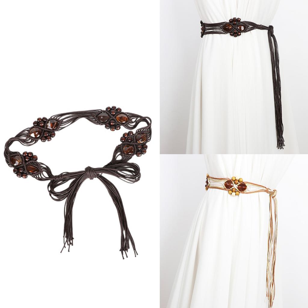 Womens Bohemian Style Rope Braid Waist Belt Wooden Bead Waist Rope Waist Chain Braided Tassels Belt for Dress