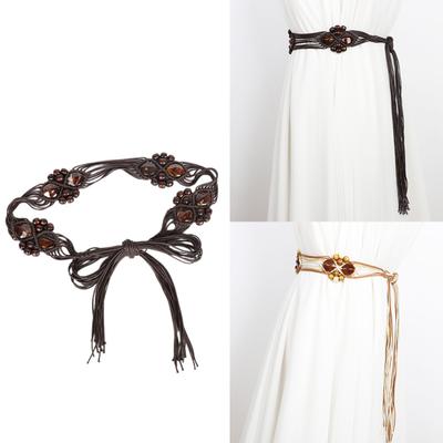 Womens Bohemian Style Rope Braid Waist Belt Wooden Bead Waist Rope Waist Chain Braided Tassels Belt for Dress