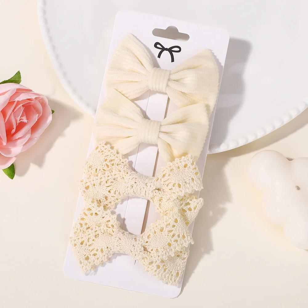 LOVEKIKI 4Pcs/set Solid Color Ribbon Hair Bows Clip for Girls Cream Lace Hairgripes Gift Headwear Boutique Kids Headdress