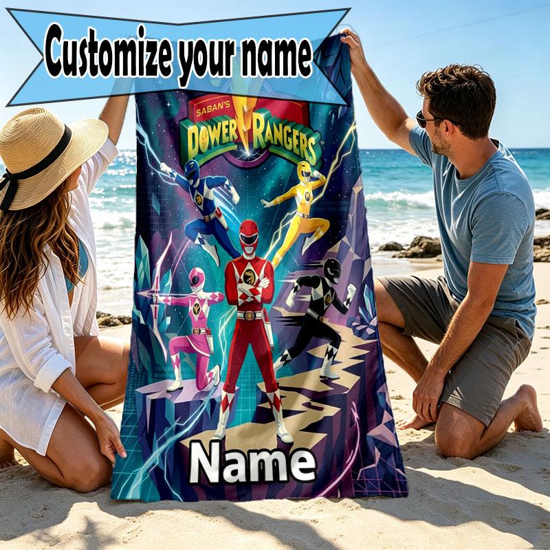 Custom Name Personalized Power Rangers Print Beach Towel, for Trip Camping Beach Party Home Decor, Birthday Gift for Family & Friends