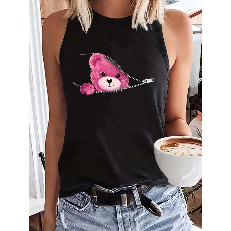 

Hip Hop Bear Tshirt Printed Vest T-shirt Print Tank Top Women’s Sleeveless Crew Neck Casual Top Tee XL