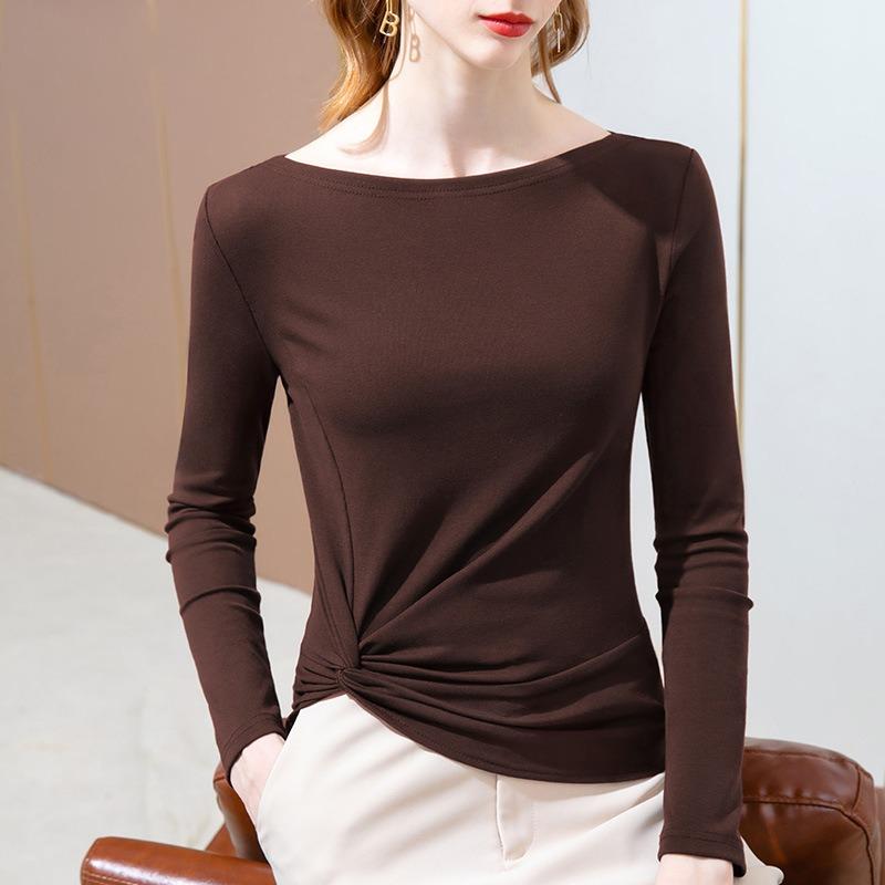 Medium-sleeved short-sleeved t-shirt women's spring and summer new women's clothing temperament one-word shoulder cotton t-shirt pleated waist top