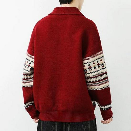 2024 Autumn/Winter Men's Plus Size Red Lapel Half-Zip Sweater - Warm, Versatile Knitwear