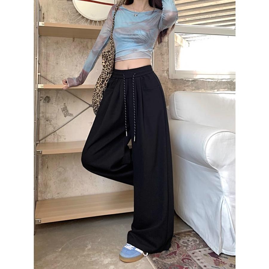 Einfarbige Freizeithose im Lazy Style für Frühling und Herbst, hoch taillierte Hose mit geradem Bein und weitem Bein, lange Hose für Damen