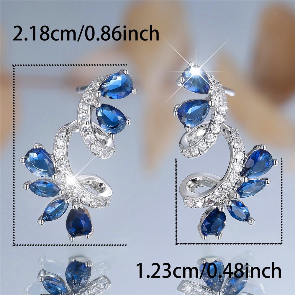 Cute Female Crystal White Blue Zircon Stone Leaf Flower Stud Earrings Vintage Silver Color Party Wedding  For Women