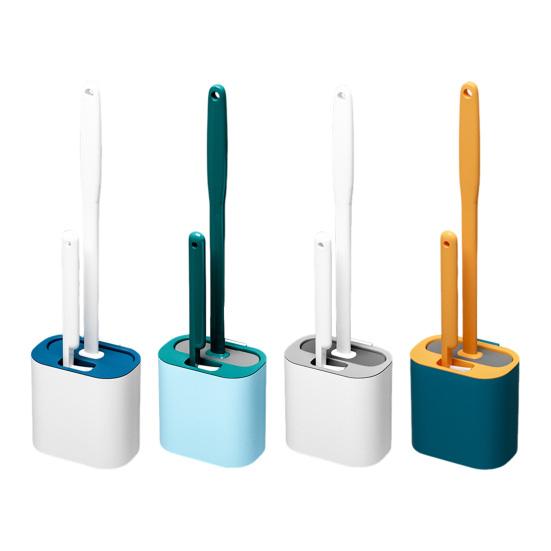 Silicone Toilet Brush Set with L-Shaped Head Long Non-Slip Handles Wall Mounted Holder Compact Bowl Cleaner Brush