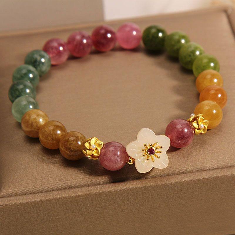 Women's Natural Tourmaline Flower Bracelet: Chinese Style Fu Character, Seven-Color Beads, Ideal Gift for Bestie or Girlfriend.