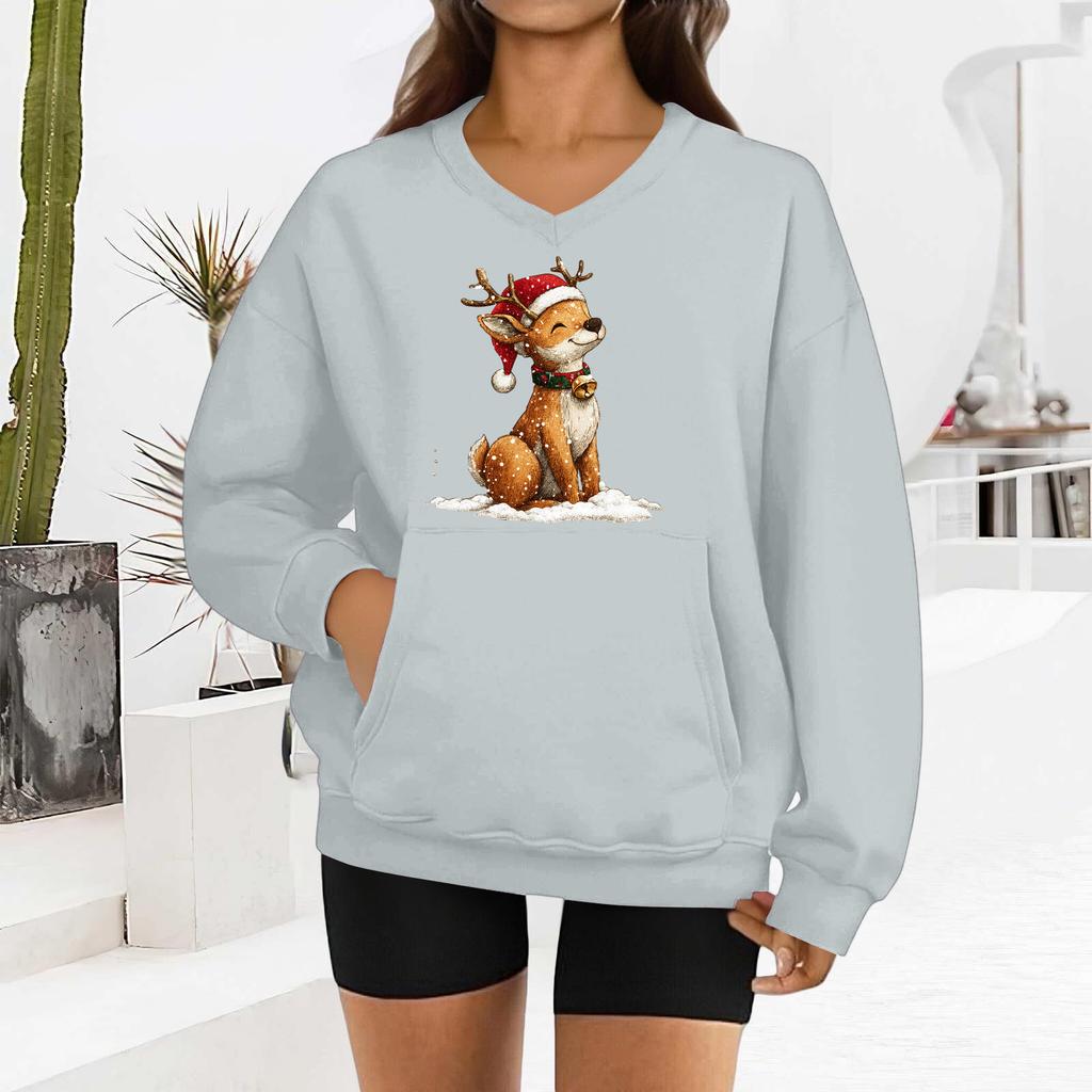Women's Fashionable Christmas Print Long-sleeved V-neck Sweatshirt