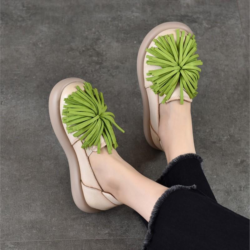Johnature Genuine Leather Thick Soled Women's Shoes Comfortable Retro Handmade Tassel Slip-on Shoes