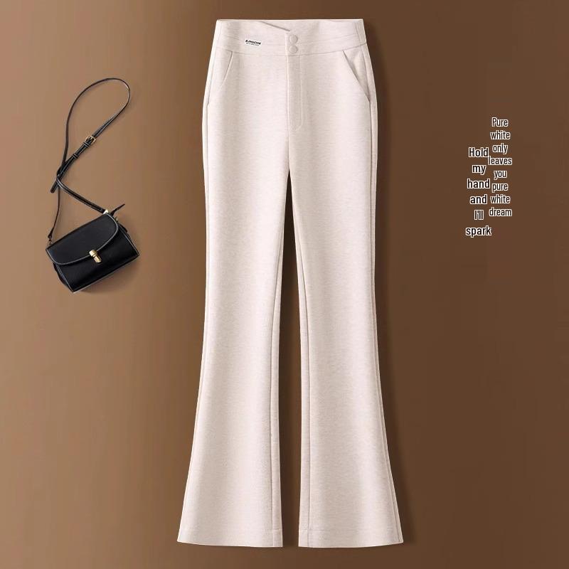 Beige Woolen Micro-Flare Pants for Women - Autumn/Winter 2024 Collection, Slimming Thick Cashmere for Petite Sizes.