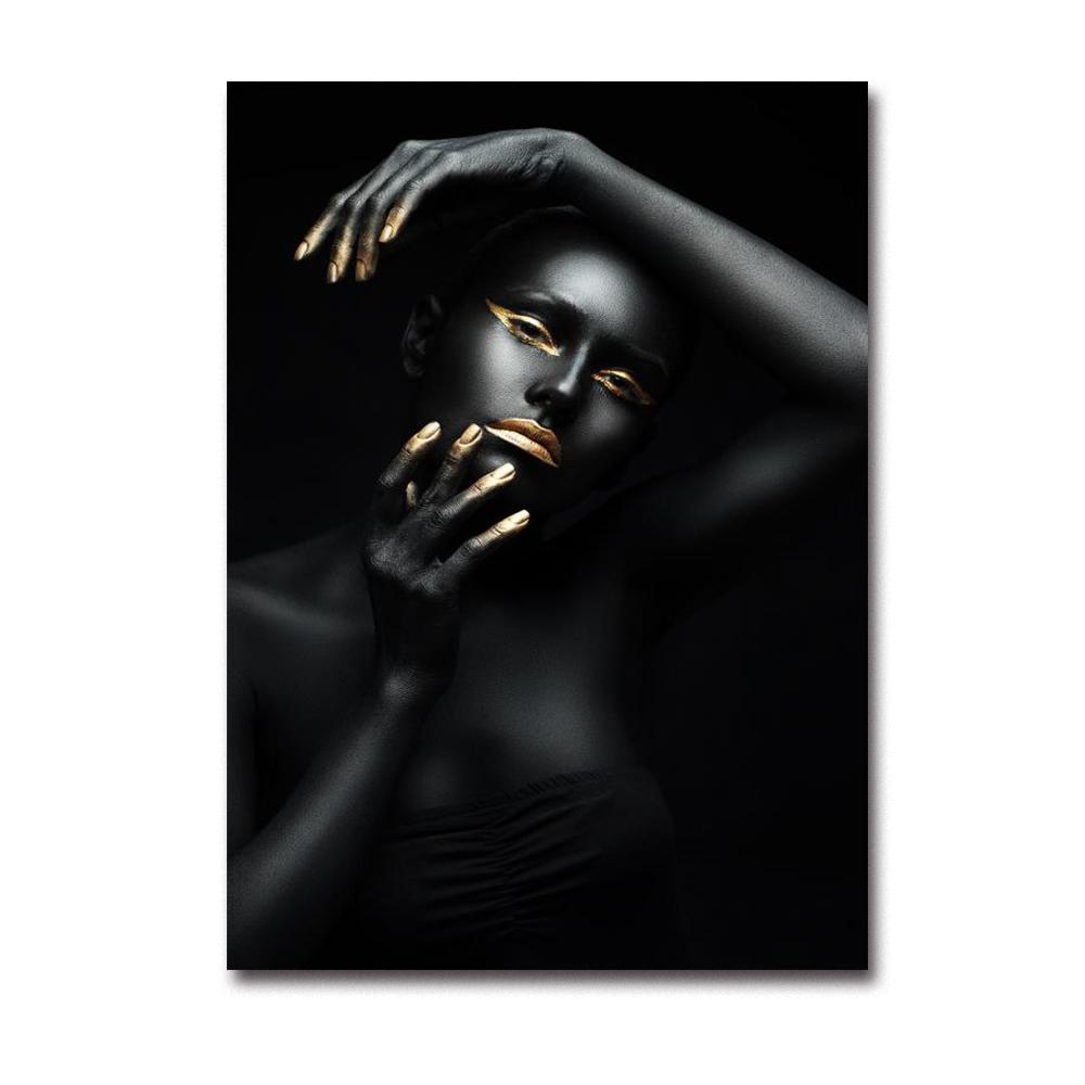 Modern Home Black Skin Woman Golden Makeup Modeling Canvas Painting Wall Art Poster Prints Bedroom Living Room Decoration Murals
