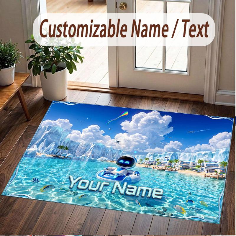 Custom Name Text Crystal Velvet Rug,Astro Bot Soft Plush Decorative Non Slip Floor Carpet