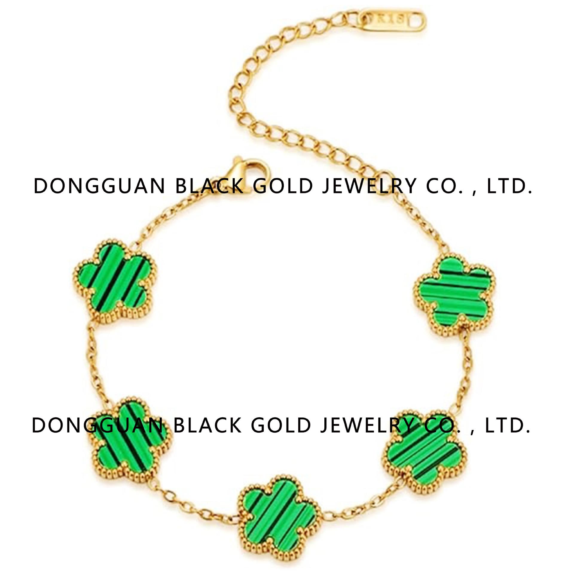 

Браслет из настоящего золота 18 карат с изображением клевера, цветущий пятилистником, корпус из титана и нержавеющей стали, сохраняющий цвет, антиаллергенный браслет 18K