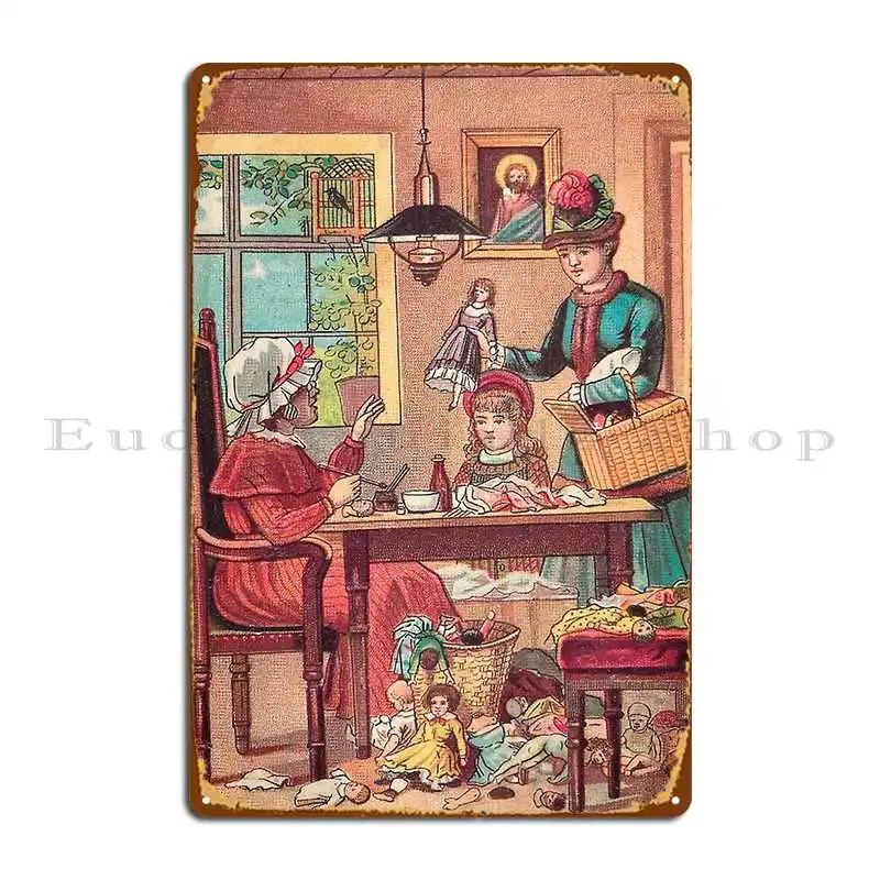 Visit At The Doll Makers Old Drawing From A Christmas Card Metal Plaque Poster Party Club Club Personalized Tin Sign Poster 20x30cm(7.8x11.8inch)