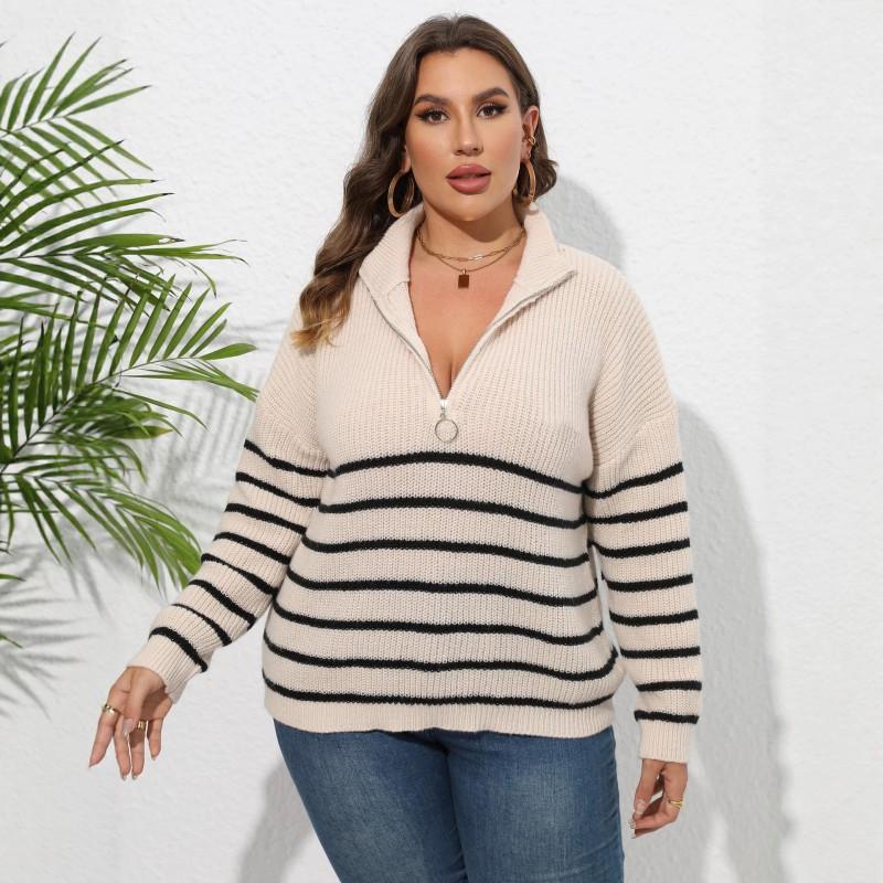 2026 Fall Winter Striped Knit Sweater Half Zip Mock Neck Loose Fit Casual Pullover Women