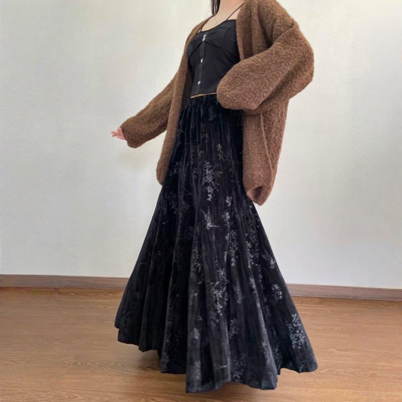 Damen Retro Samt High Waist Rock - Chinesischer Stil, Große Größen, Schlankmachend, Vielseitig für Herbst/Winter