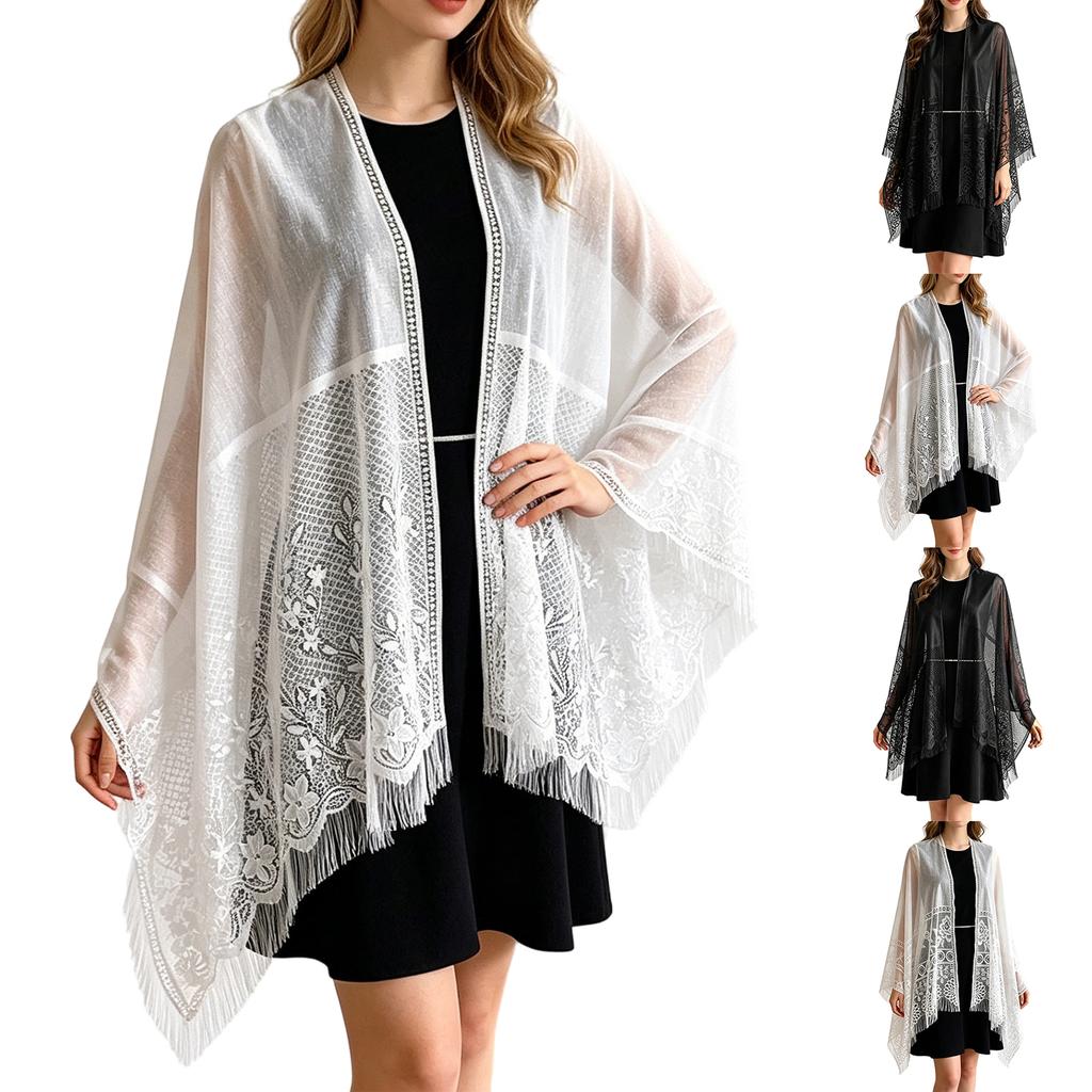 Women Lace Splicing Headscarf Shawl Lightweight Sheer Wrap Elegant Open Front Cover Up for Daily and Formal Wear
