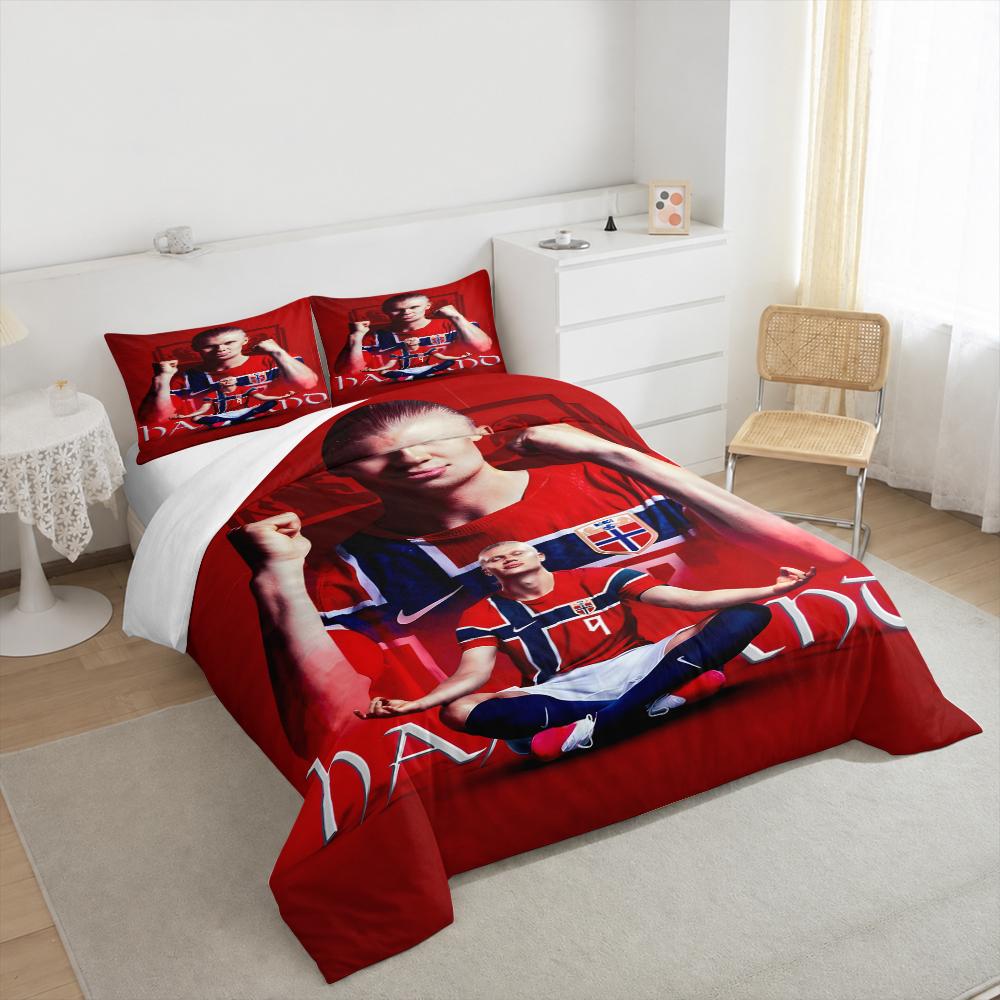 Duvet Cover Set Erling Haaland Norway 9 Red Jersey Meditation Fist Pose Double Exposure Poster Football Art Print for Men Fan Gift