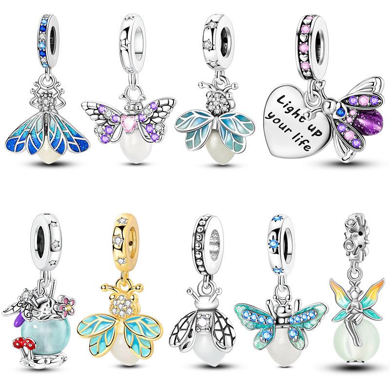 Luminous 925 Silver Firefly Pendant Charm for Bracelet Making Fashion Jewelry DIY Gift