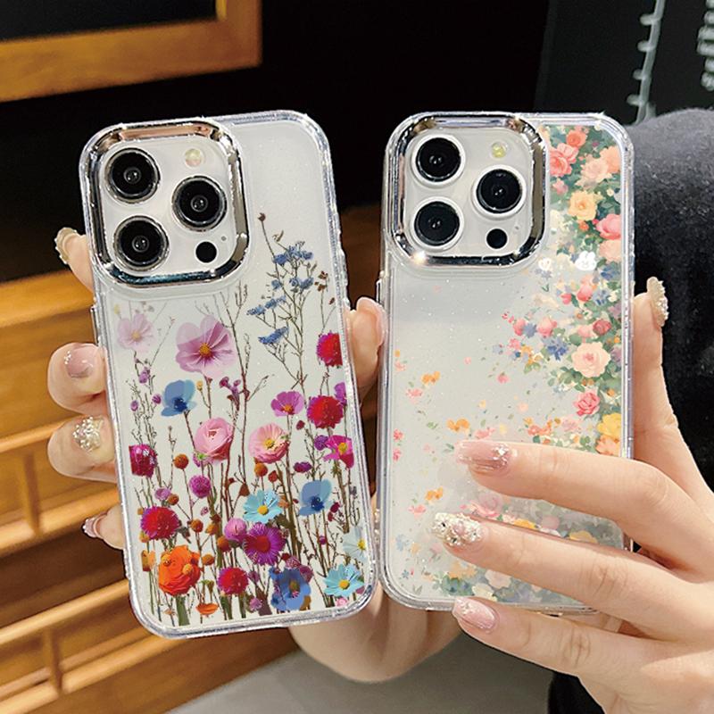 Luxury Garden Flower Case For iPhone 15 Pro Max Coque iPhone 11 12 13 14 16 Pro Max Plating Lens Clear Soft Silicone Back Cover