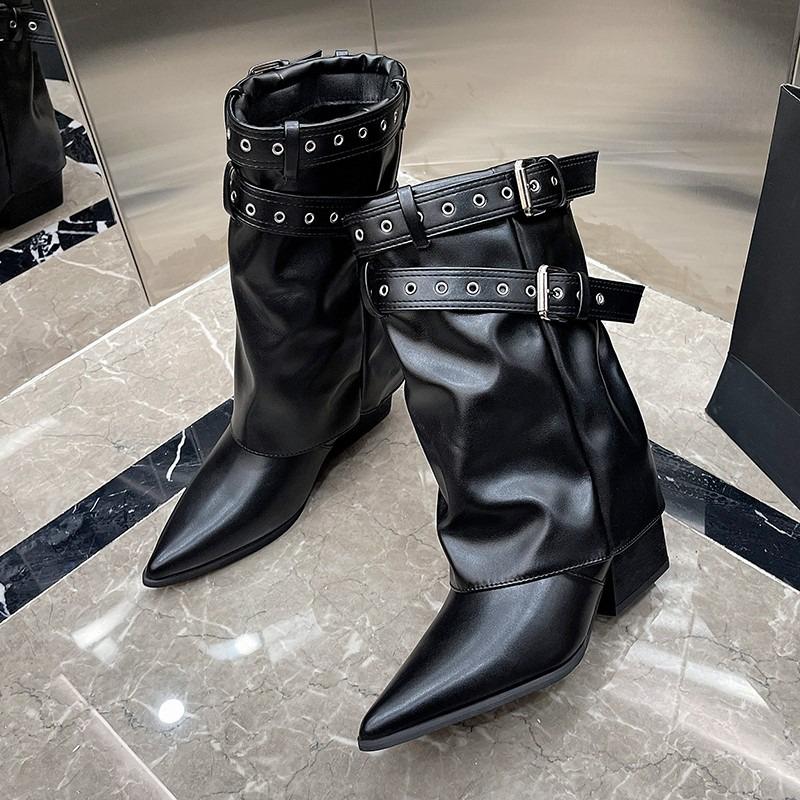 Fashion Autumn Mid-Cone Boots Fashion Pointed Toe Sleeve Non-Slip Wear-Resistant Block Heel