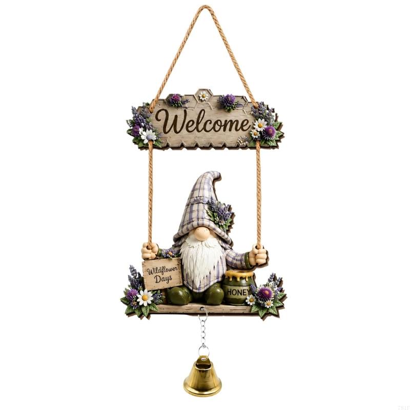 Farmhouse Outdoor Welcome Sign, Entryway 2D Wooden Hanging Gnomes Bells for Garden Porch Gate Decors, Holiday Housewarmings Gift