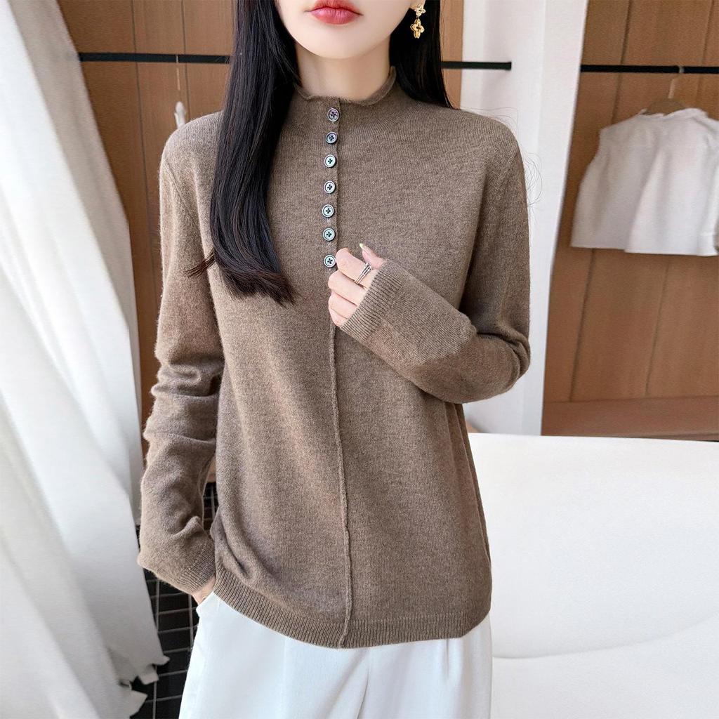 2026 Women's Pure Wool Half-High Neck Button-Up Knit Sweater
