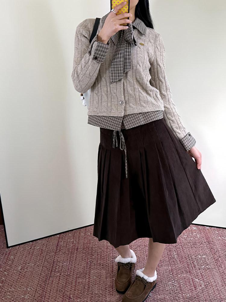 Melanoid Retro Coffee Corduroy A-Line Skirt with Double Waistband and Pleats – Mid-Length for Women in Spring/Autumn.