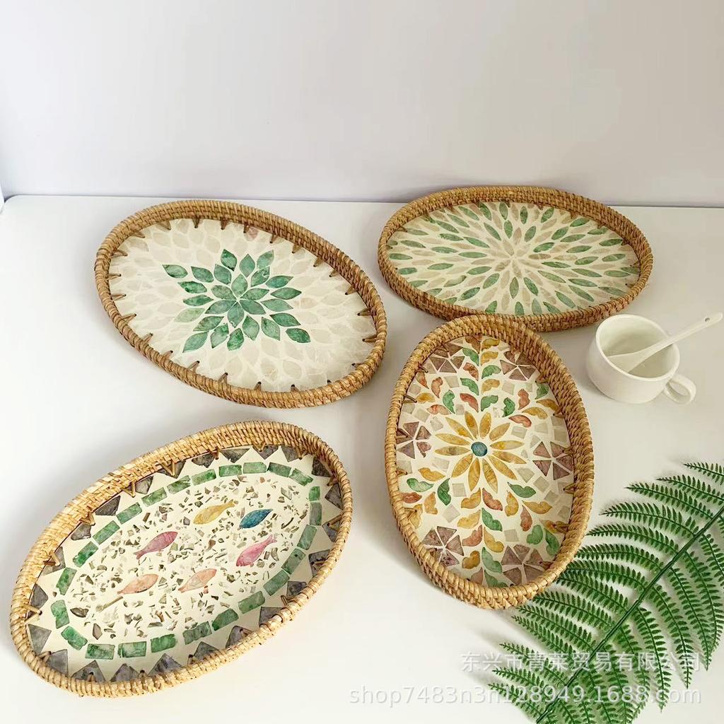 Nuovo Cesto Intrecciato Ovale Vintage Fatto a Mano in Rattan, Boho Naturale, Tessitura con Conchiglie Colorate, Cesto portaoggetti, per Pane, Snack, Frutta, Colazione