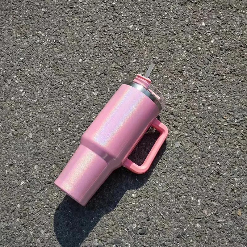 Handle Insulated Cup Ice Cream Cup Car Large Capacity Stainless Steel Rainbow Paint 40oz Car Cup Straw