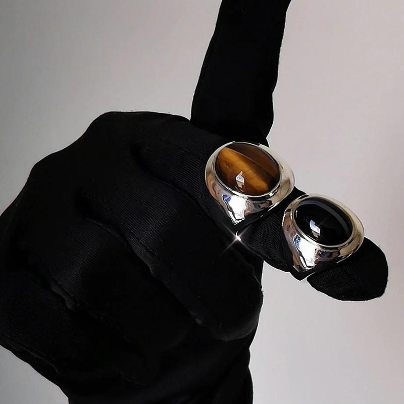 Premium Metal Copper Platinum Plated Tiger Eye Agate Spotted Stone Ring Personality And Temperament Unique Ring Women