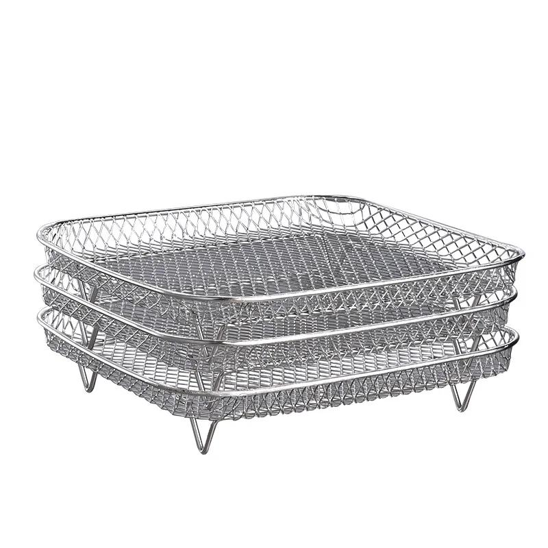 

Three Layer Stackable Air Fryer Accessories Stainless Steel Barbecue Dehydration Rack Oven Universal Anti Scald Food Oil Rack срібний