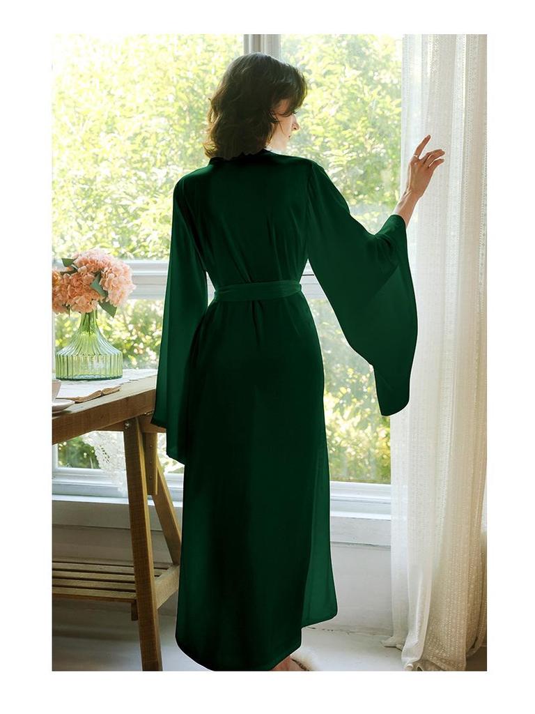Sweet Satin Open-Front Robe: Deep V, Light Luxury, Tie-Waist, Wide Sleeves Homewear.