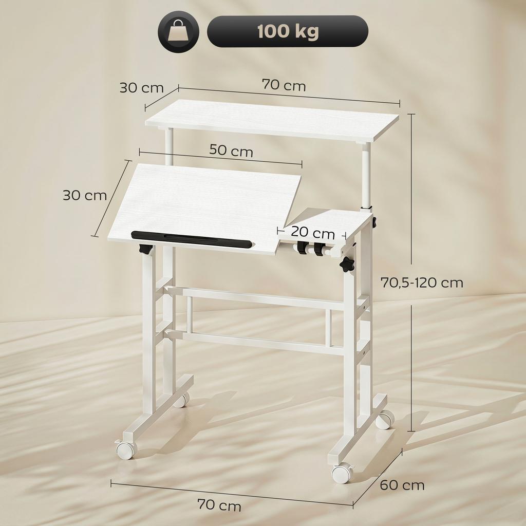 Sit-Stand Desk, Height-Adjustable, 70 x 60 cm, on Casters, Tilting Top, White