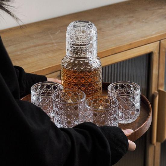 Wasserkaraffe und Glas Set Vintage Nacht Trinkbecher Set Klares Nachttischglas Saftkrug für Wasser Tee Saft