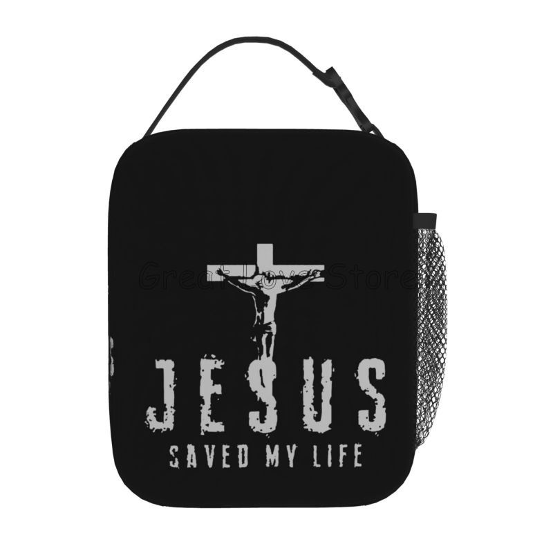 Christus Jesus hat mein Leben gerettet Kreuzdruck Isolierte Lunchtasche Wiederverwendbar Tragbar Wasserdicht Kühlertasche Thermische Bento-Tasche für Damen